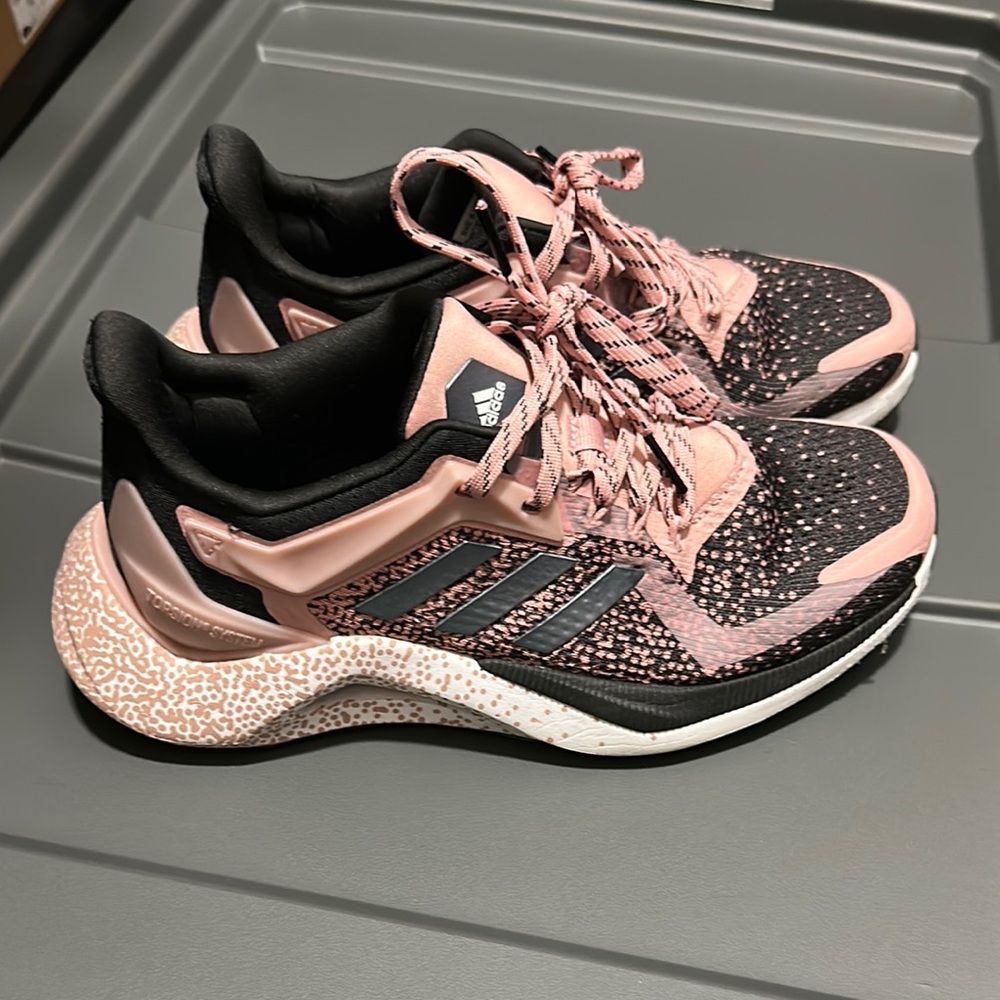 Adidas Pink and Black Athletic Shoes with Knit Upper